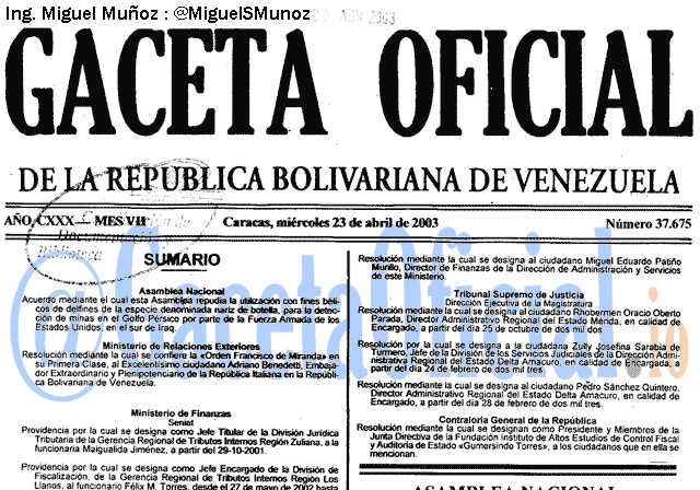 Gaceta Oficial 37675 del 23 Abril 2003