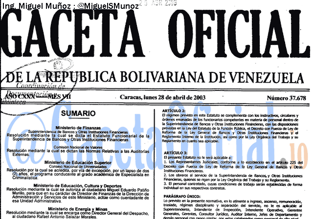Gaceta Oficial 37678 del 28 Abril 2003