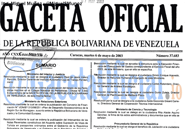 Gaceta Oficial 37683 del 6 Mayo 2003
