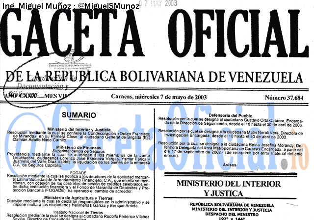 Gaceta Oficial 37684 del 7 Mayo 2003