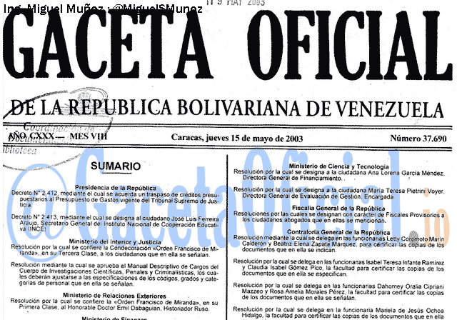 Gaceta Oficial 37690 del 15 Mayo 2003