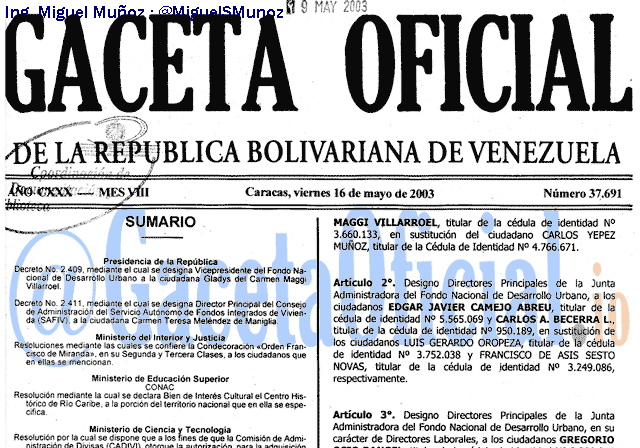 Gaceta Oficial 37691 del 16 Mayo 2003