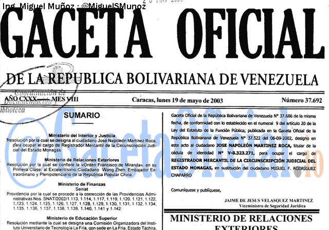 Gaceta Oficial 37692 del 19 Mayo 2003