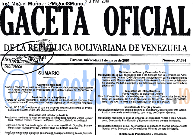 Gaceta Oficial 37694 del 21 Mayo 2003