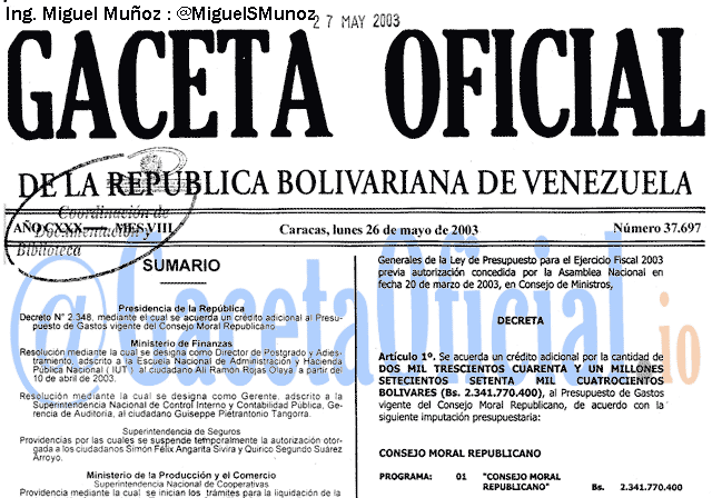 Gaceta Oficial 37697 del 26 Mayo 2003