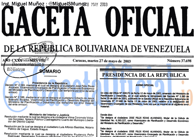 Gaceta Oficial 37698 del 27 Mayo 2003