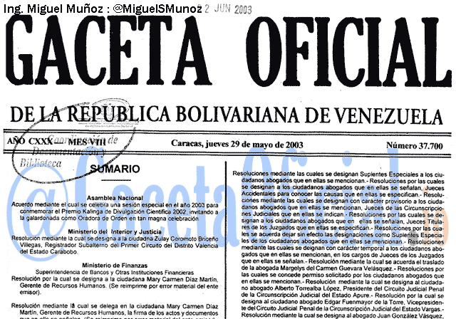 Gaceta Oficial 37700 del 29 Mayo 2003