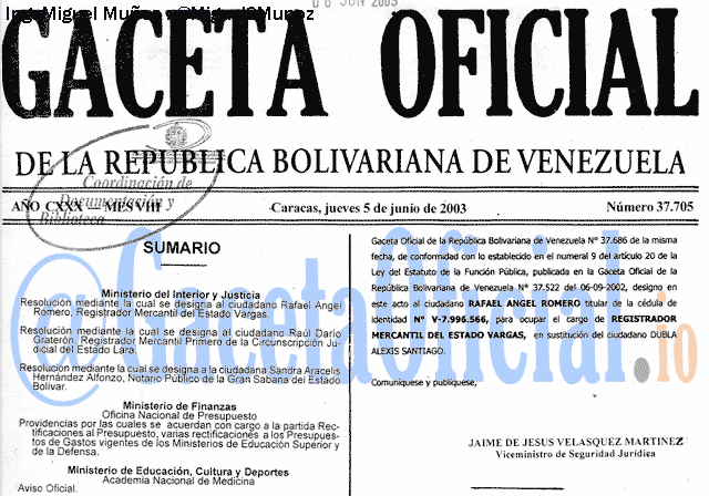 Gaceta Oficial 37705 del 5 Junio 2003