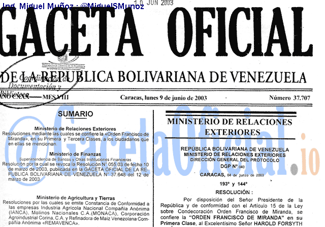 Gaceta Oficial 37707 del 9 Junio 2003
