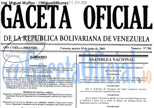 Gaceta Oficial 37708 del 10 Junio 2003