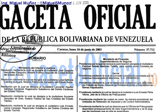 Gaceta Oficial 37712 del 16 Junio 2003