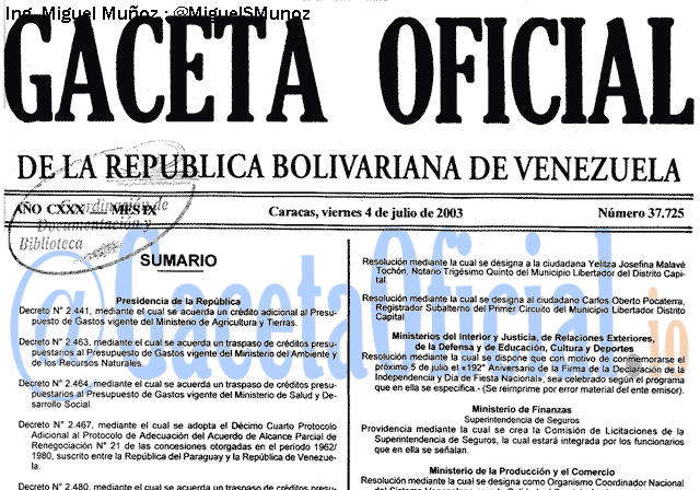 Gaceta Oficial 37725 del 4 Julio 2003