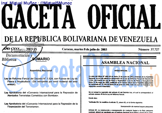 Gaceta Oficial 37727 del 8 Julio 2003