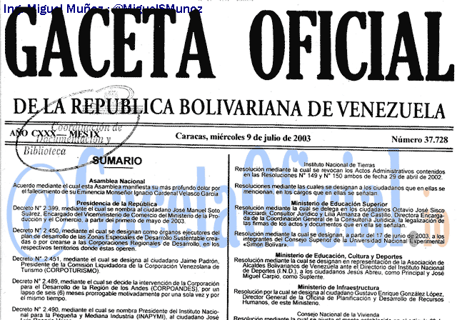 Gaceta Oficial 37728 del 9 Julio 2003