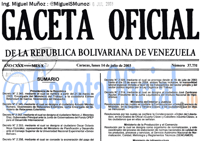 Gaceta Oficial 37731 del 14 Julio 2003