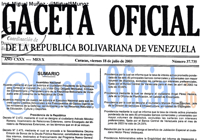 Gaceta Oficial 37735 del 18 Julio 2003