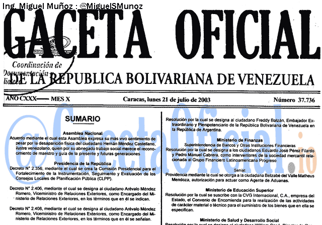 Gaceta Oficial 37736 del 21 Julio 2003
