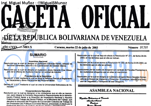 Gaceta Oficial 37737 del 22 Julio 2003