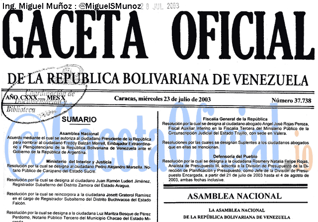 Gaceta Oficial 37738 del 23 Julio 2003