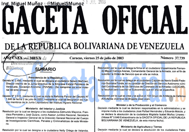 Gaceta Oficial 37739 del 25 Julio 2003