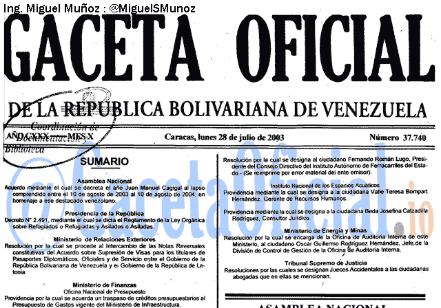 Gaceta Oficial 37740 del 28 Julio 2003