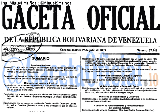 Gaceta Oficial 37741 del 29 Julio 2003