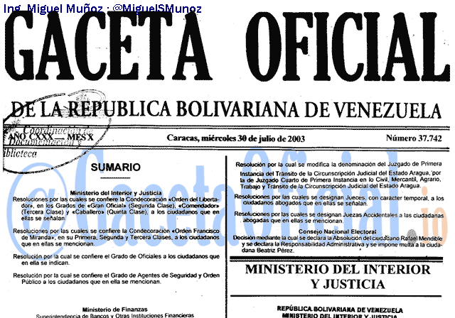 Gaceta Oficial 37742 del 30 Julio 2003