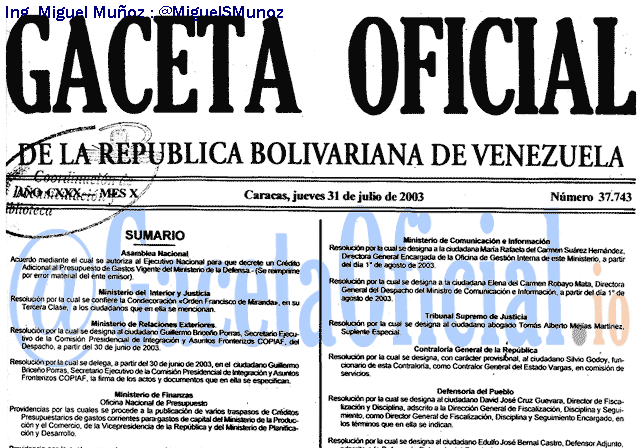 Gaceta Oficial 37743 del 31 Julio 2003