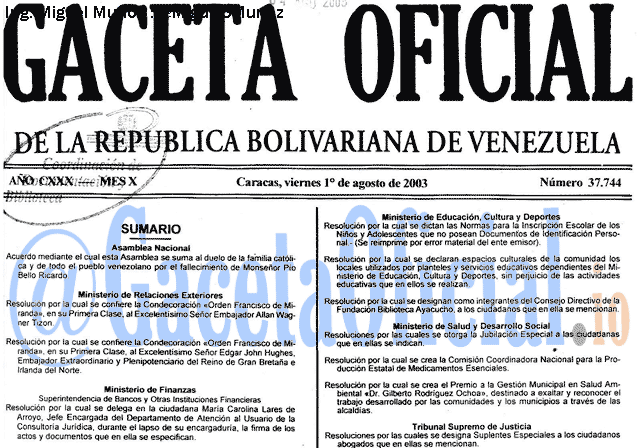 Gaceta Oficial 37744 del 1 Agosto 2003