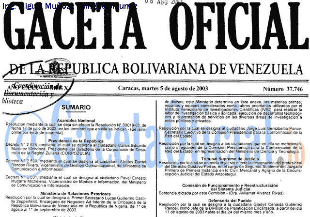 Gaceta Oficial 37746 del 5 Agosto 2003
