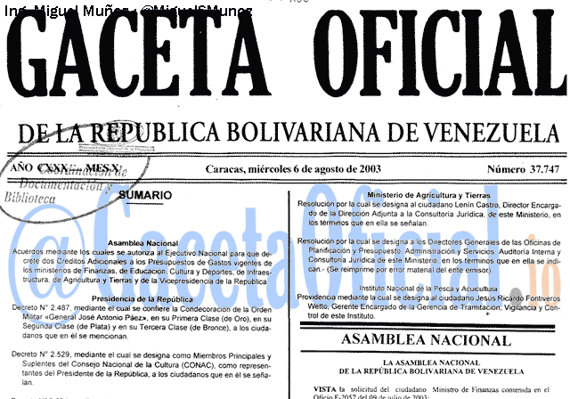 Gaceta Oficial 37747 del 6 Agosto 2003