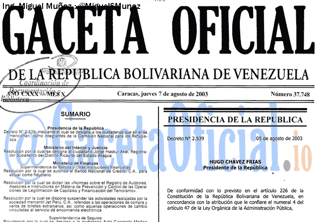 Gaceta Oficial 37748 del 7 Agosto 2003