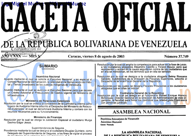 Gaceta Oficial 37749 del 8 Agosto 2003
