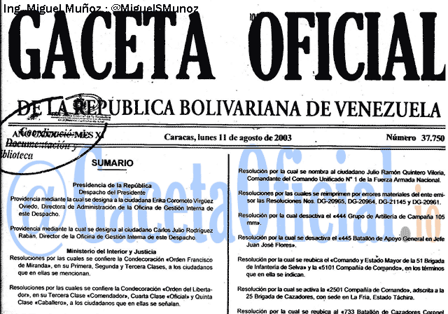 Gaceta Oficial 37750 del 11 Agosto 2003