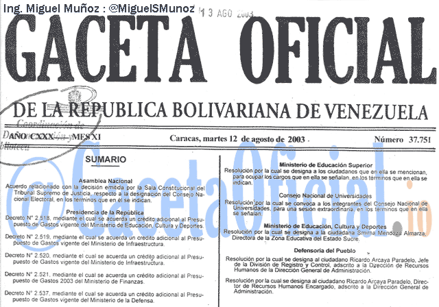 Gaceta Oficial 37751 del 12 Agosto 2003