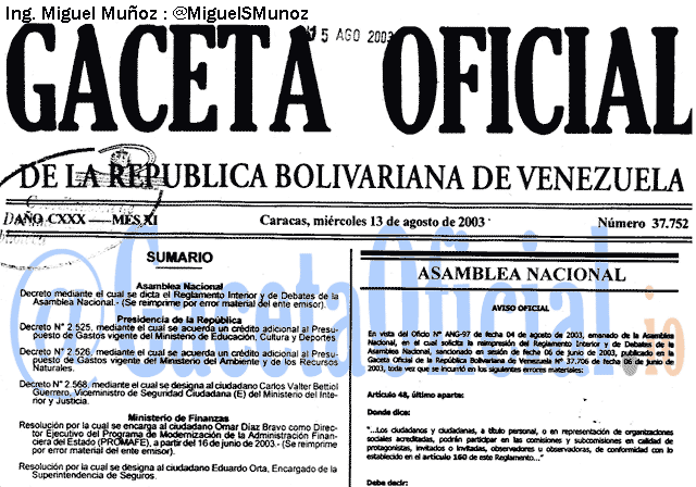 Gaceta Oficial 37752 del 13 Agosto 2003