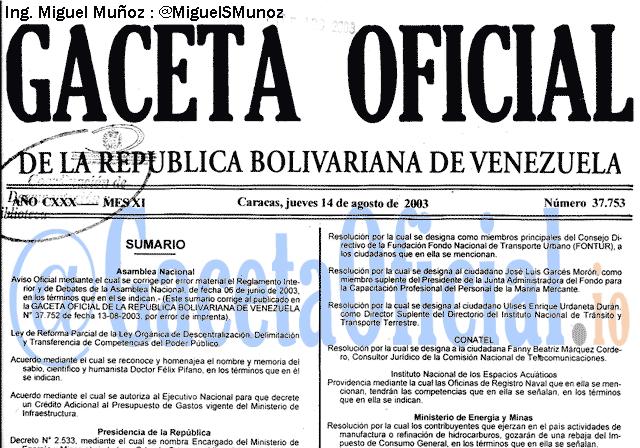 Gaceta Oficial 37753 del 14 Agosto 2003