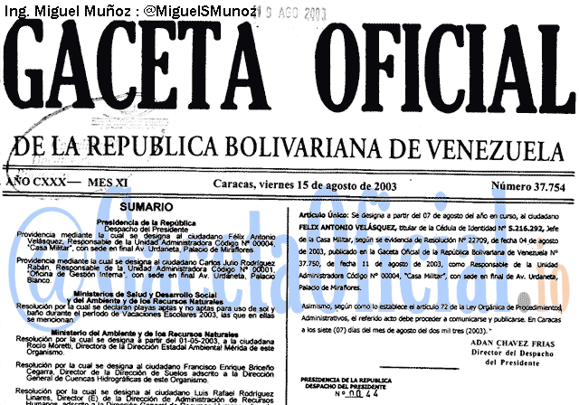 Gaceta Oficial 37754 del 15 Agosto 2003