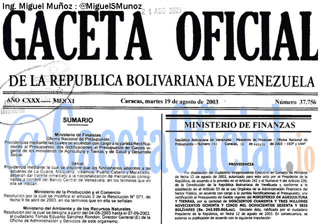 Gaceta Oficial 37756 del 19 Agosto 2003