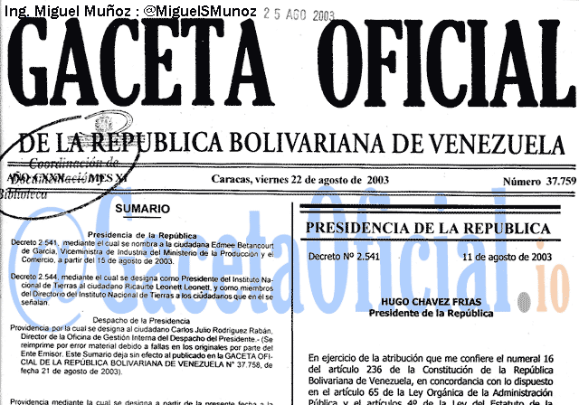 Gaceta Oficial 37759 del 22 Agosto 2003