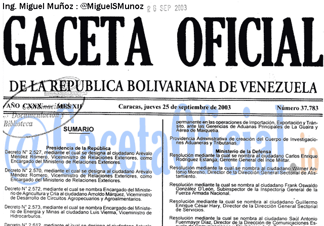 Gaceta Oficial 37783 del 25 Septiembre 2003