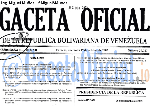 Gaceta Oficial 37787 del 1 Octubre 2003