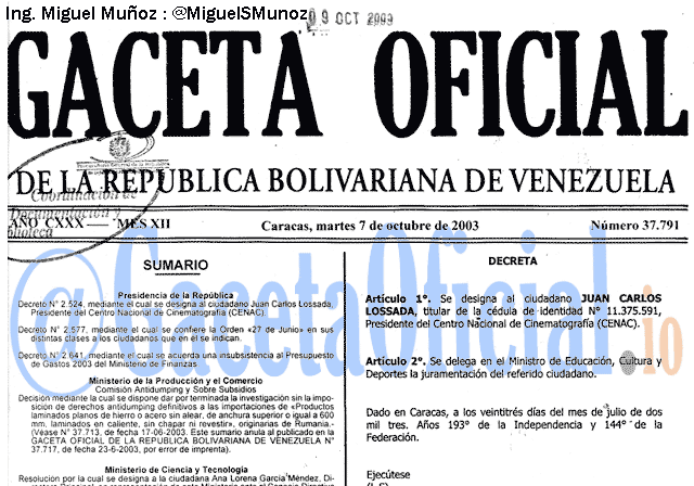Gaceta Oficial 37791 del 7 Octubre 2003