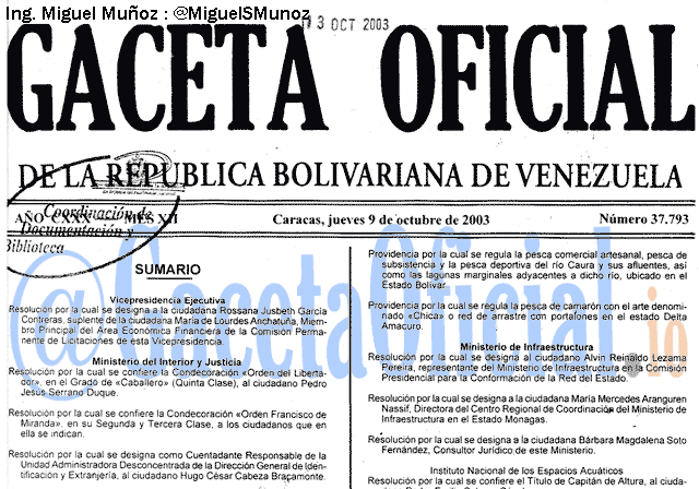 Gaceta Oficial 37793 del 9 Octubre 2003