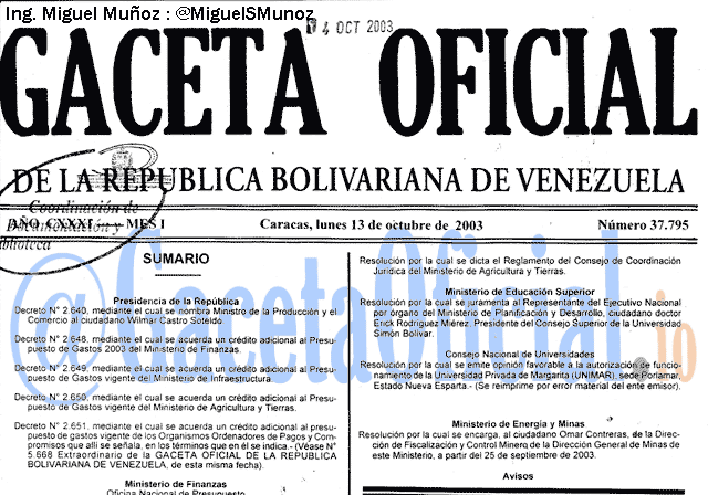 Gaceta Oficial 37795 del 13 Octubre 2003