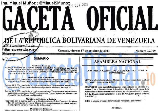 Gaceta Oficial 37799 del 17 Octubre 2003