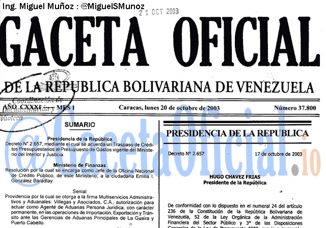 Gaceta Oficial 37800 del 20 Octubre 2003