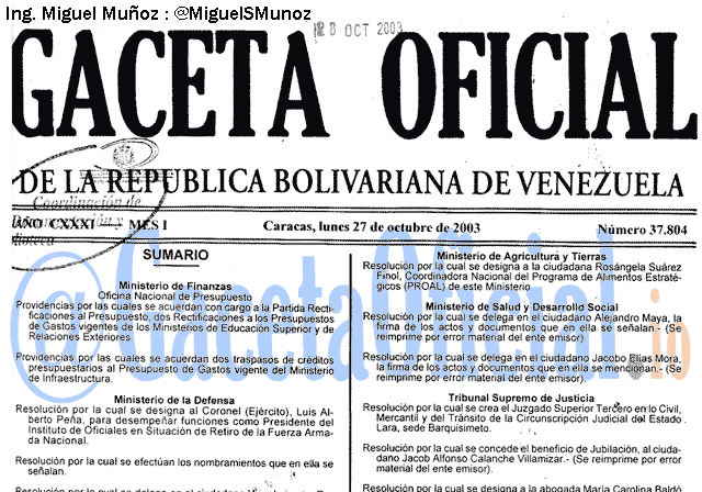 Gaceta Oficial 37804 del 27 Octubre 2003