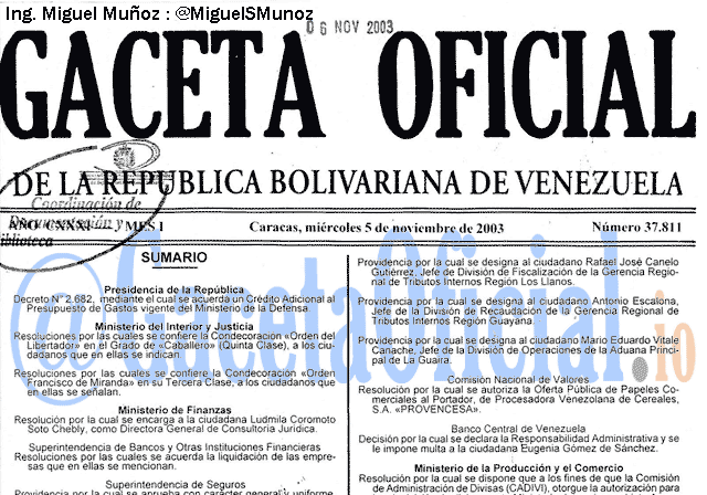 Gaceta Oficial 37811 del 5 Noviembre 2003