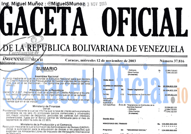 Gaceta Oficial 37816 del 12 Noviembre 2003